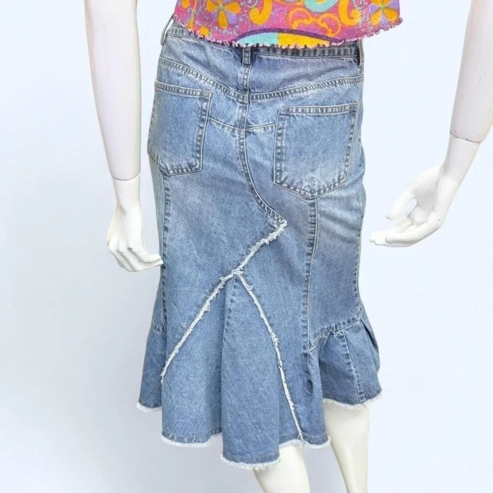 Y2K Denim Mermaid Skirt‎ Raw Hem Deconstructed Low Rise Womens XL